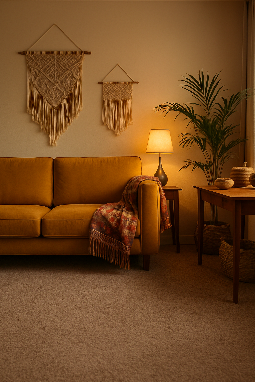 Mustard sofa in a bohemian home office on a warm taupe carpet, lamplight glow