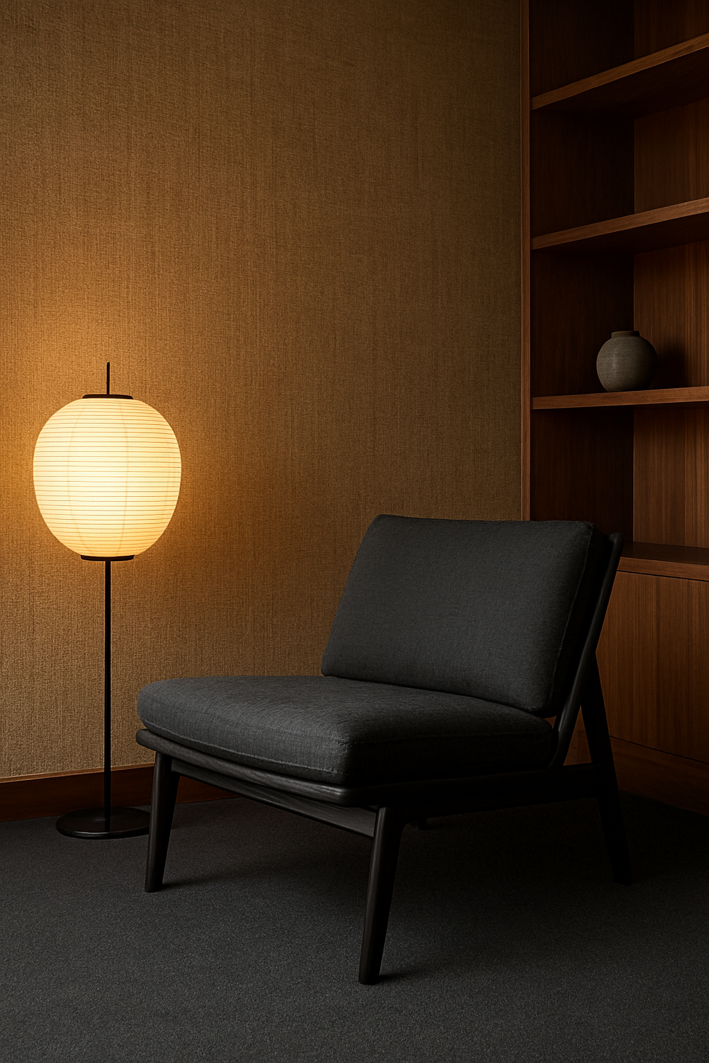 Hessian walls and charcoal wall-to-wall carpet in a Japandi den corner with lounge chair
