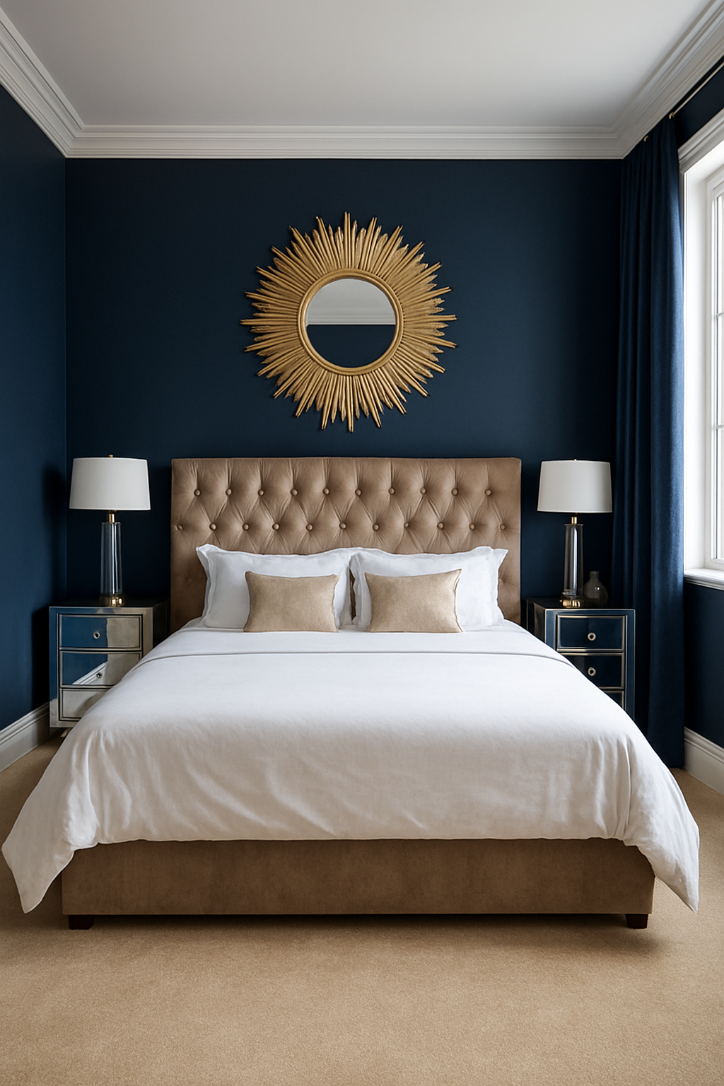 Navy blue bedroom walls with champagne-gold wall-to-wall carpet, glam decor