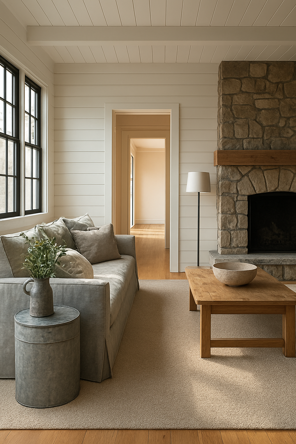 Warm greige carpet in a farmhouse living room beside a hallway with oak flooring