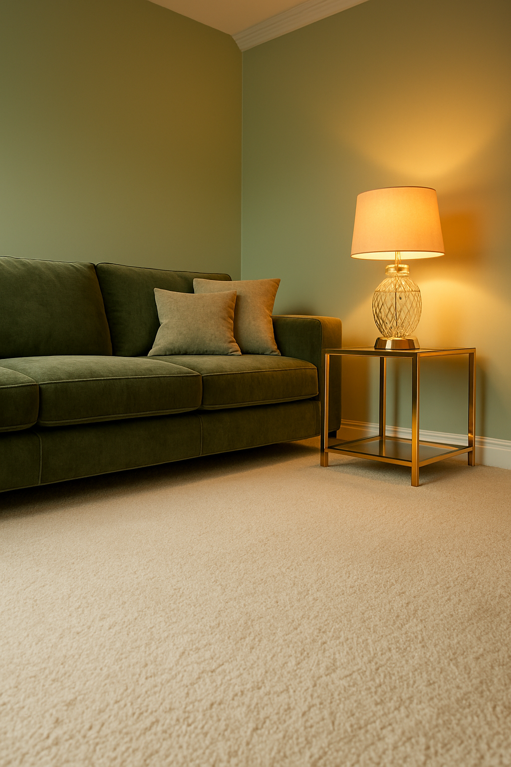 Pale green family room walls above a creamy white wall-to-wall carpet, glam lamplight