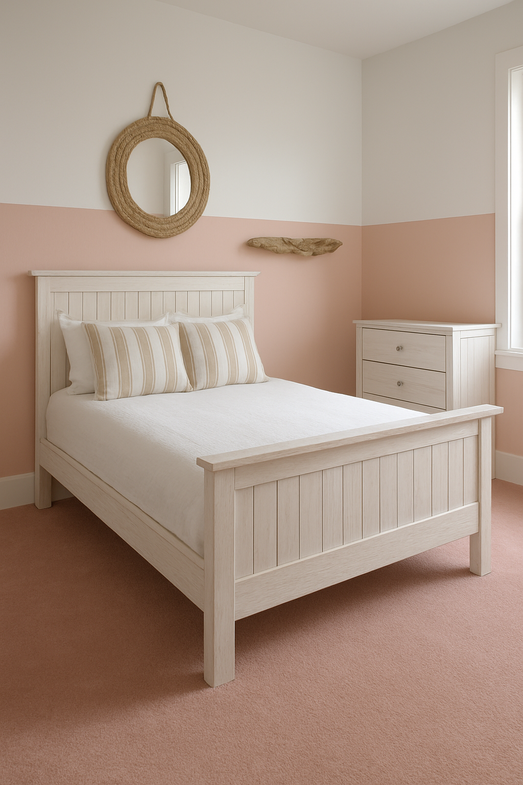 Pink and white walls with blush-pink carpet in coastal child's bedroom