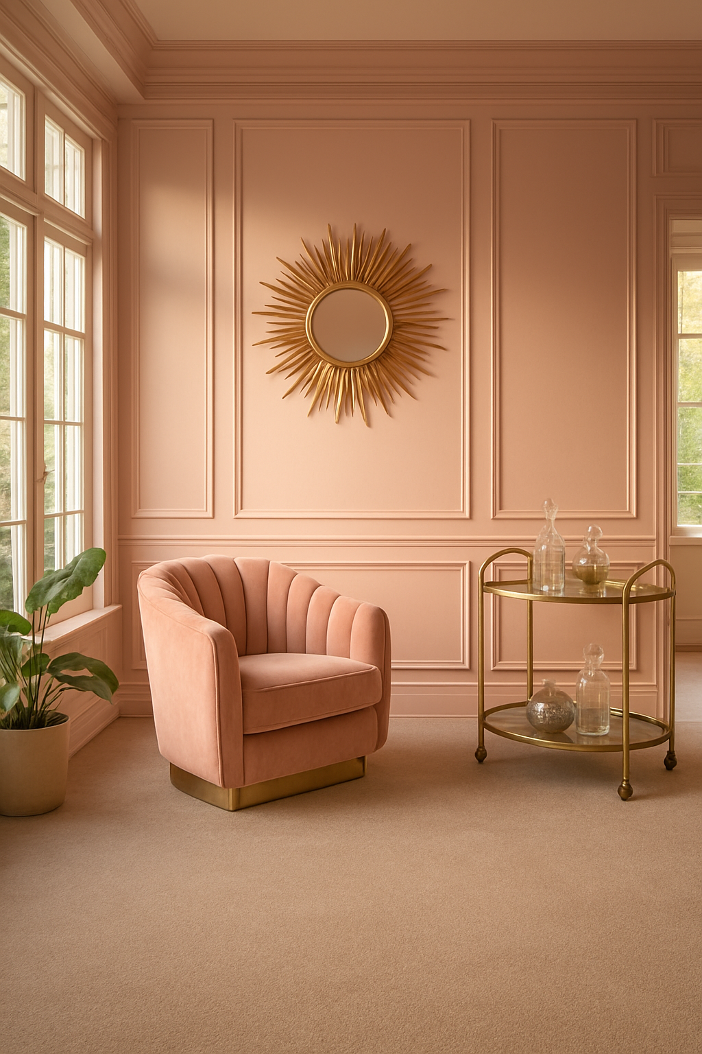 Powder pink sunroom walls with warm greige wall-to-wall carpet, Art Deco furniture, morning light