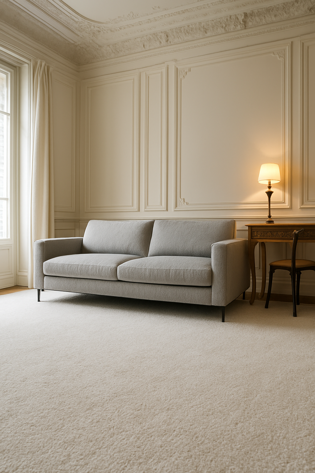 Silver gray sofa in Parisian home office on crisp white wall-to-wall carpet, low floor angle
