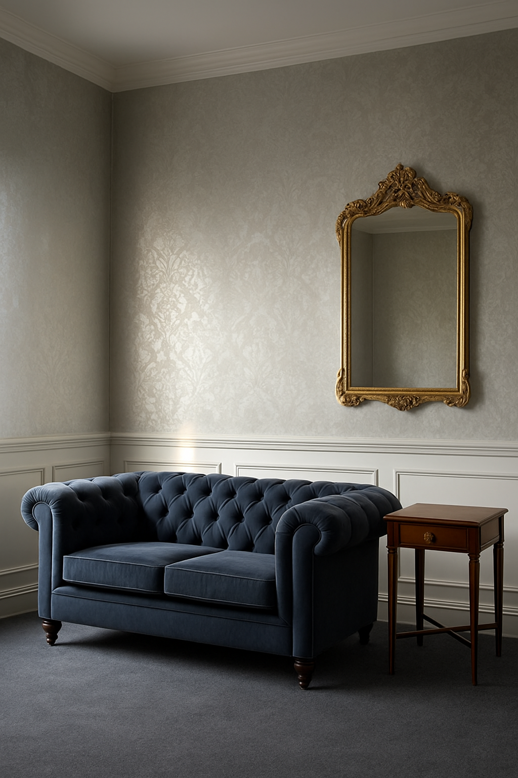 Silver damask wallpaper and charcoal carpet in a traditional living room with a navy sofa