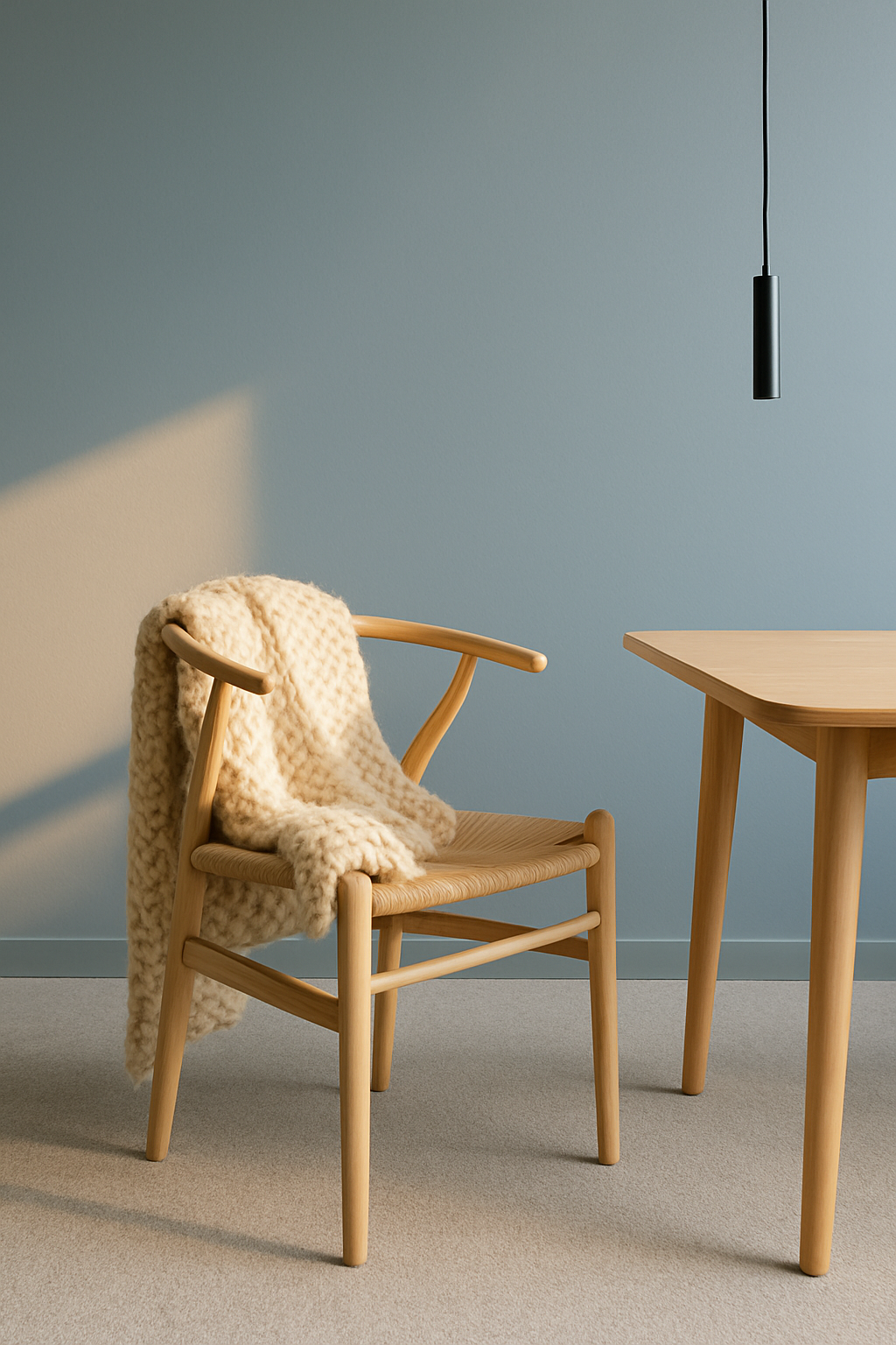 Sky blue dining room wall meets light grey carpet, Scandinavian wood chair corner, golden light