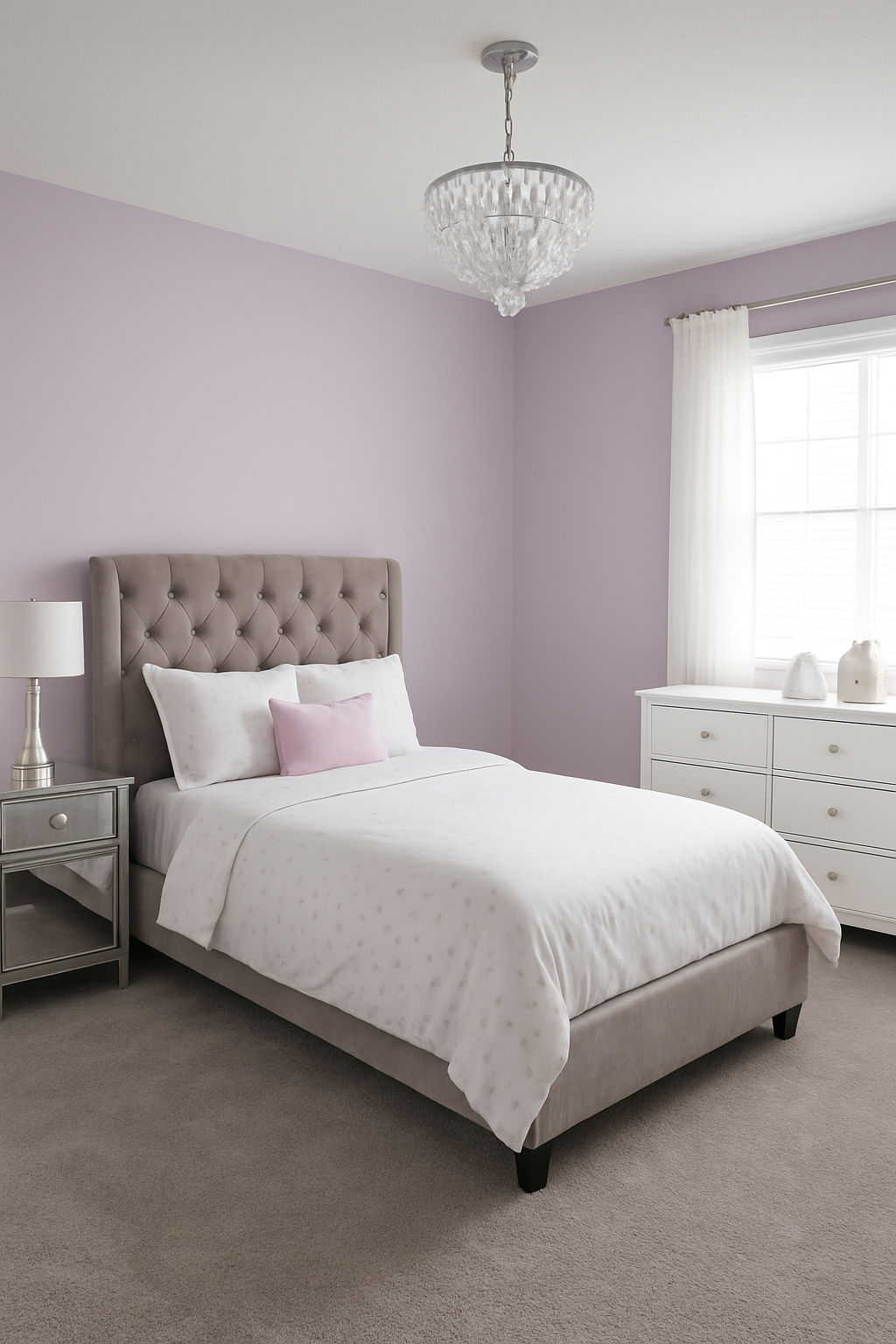 Soft lilac bedroom walls paired with dove-gray wall-to-wall carpet, contemporary glam style