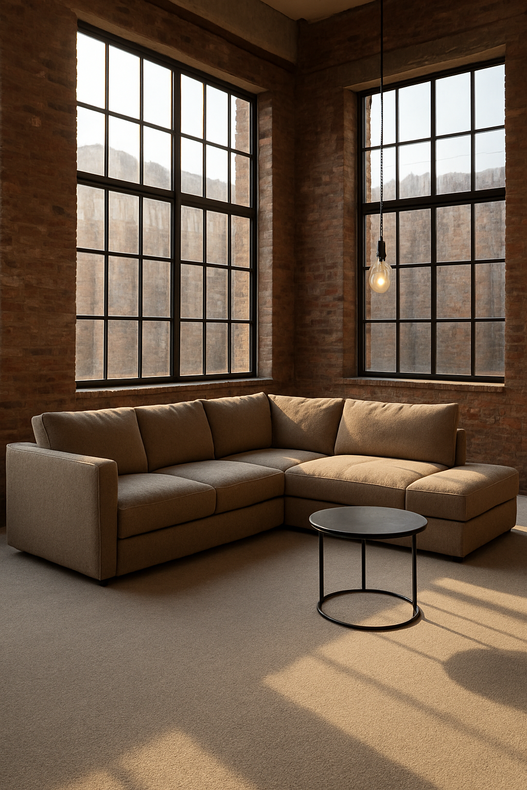 Taupe linen sofa in industrial loft sunroom with dove-gray carpet, morning sun