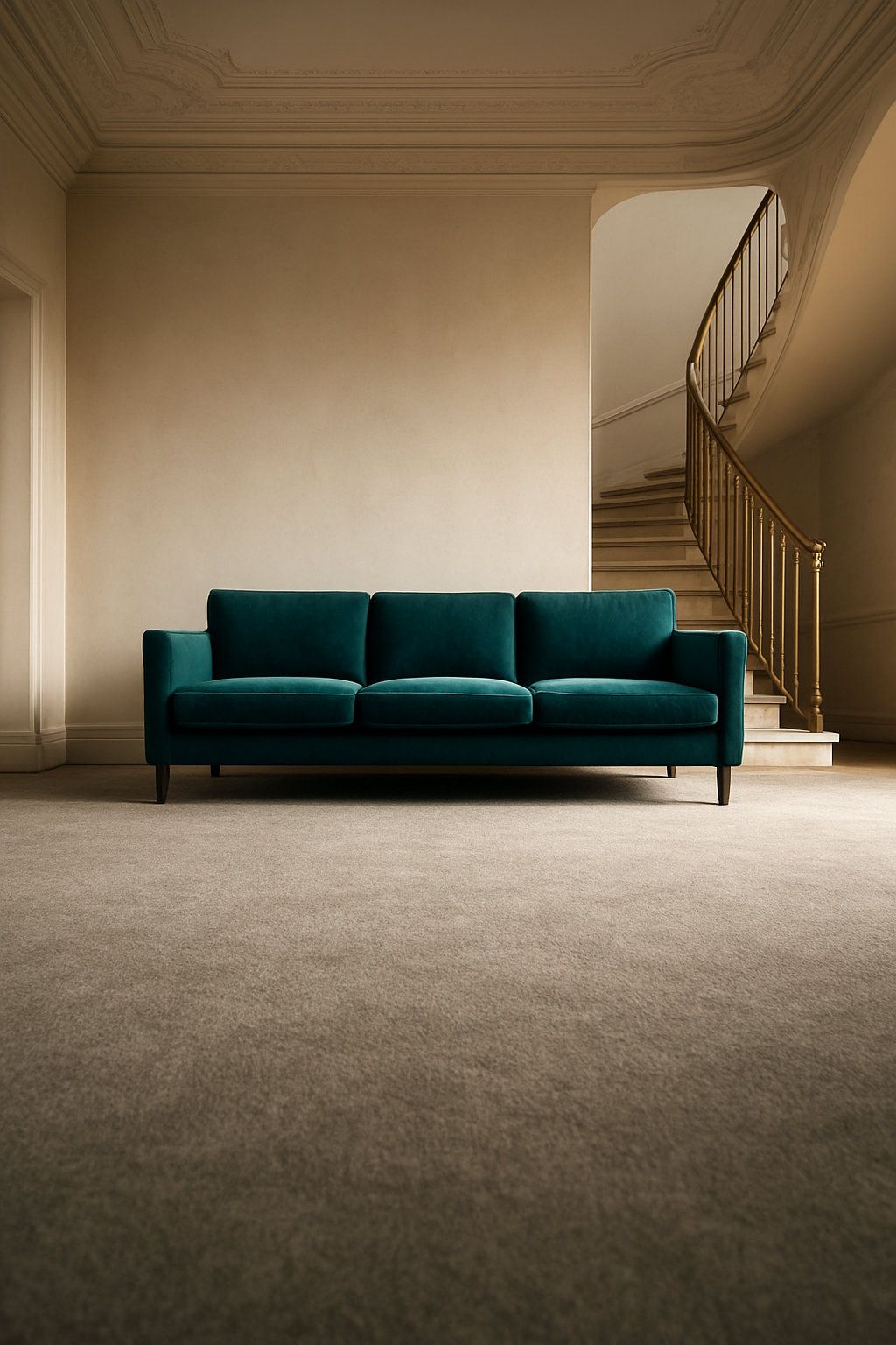 Teal sofa in Parisian entry hall with staircase, dove-gray wall-to-wall carpet