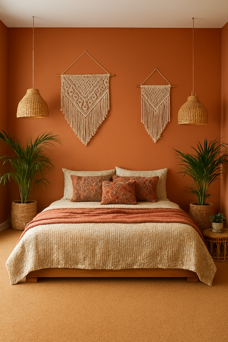 Terracotta orange bedroom walls with wall-to-wall camel-tan carpet, bohemian decor