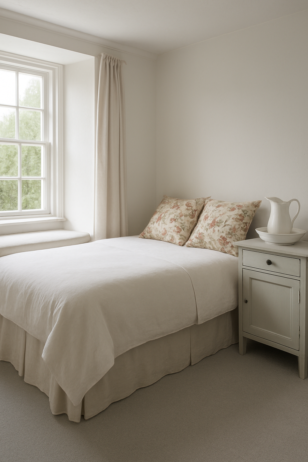 White cottage bedroom walls with wall-to-wall dove-grey carpet, overcast light