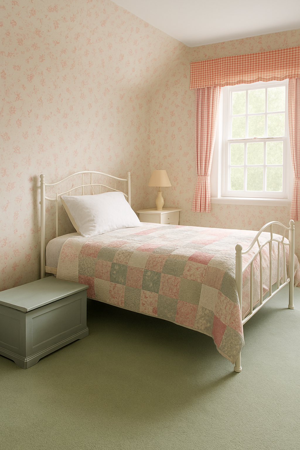 Pale green wall-to-wall carpet in a cottage-style child's bedroom corner
