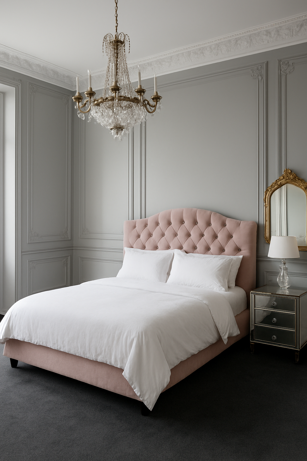 Gray walls with Parisian moulding and charcoal carpet in a bright bedroom