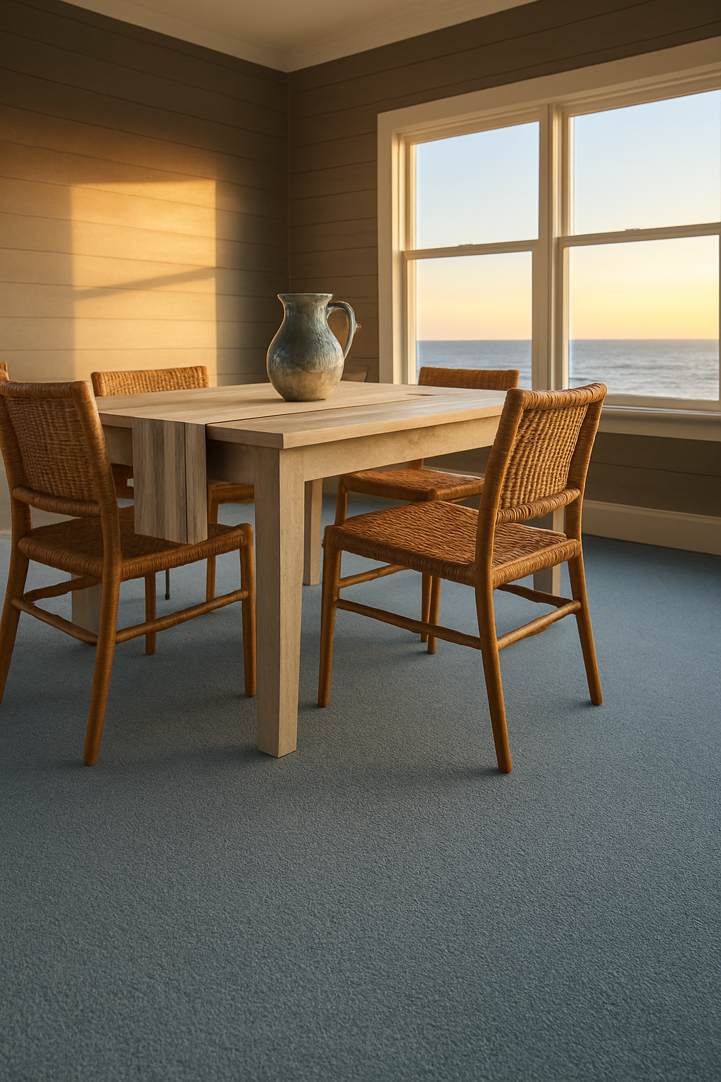 Light blue carpet in golden-hour coastal dining room with driftwood-gray walls and rattan chairs