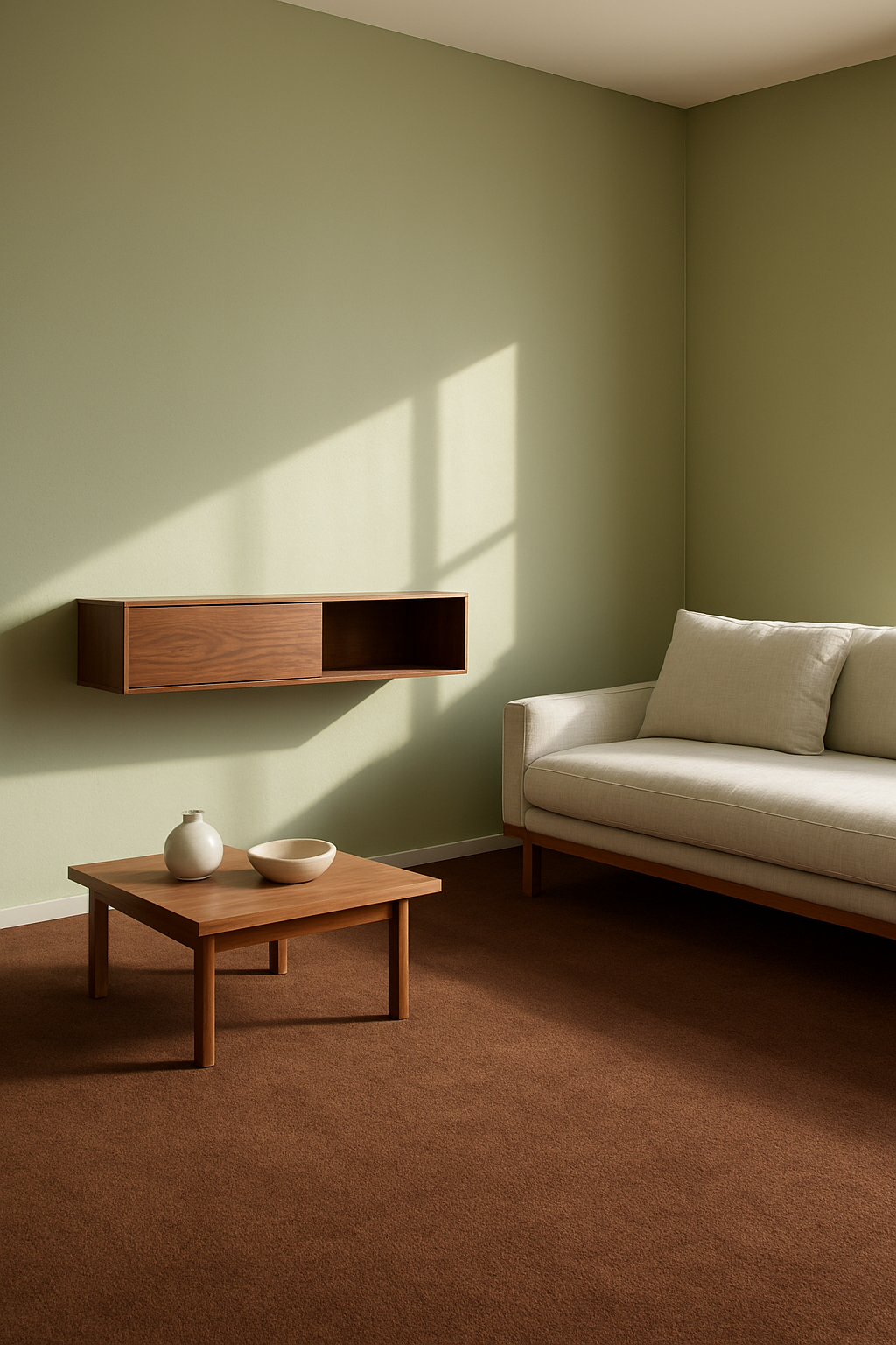 Brown wall-to-wall carpet in a sage-green Japandi living room at sunrise