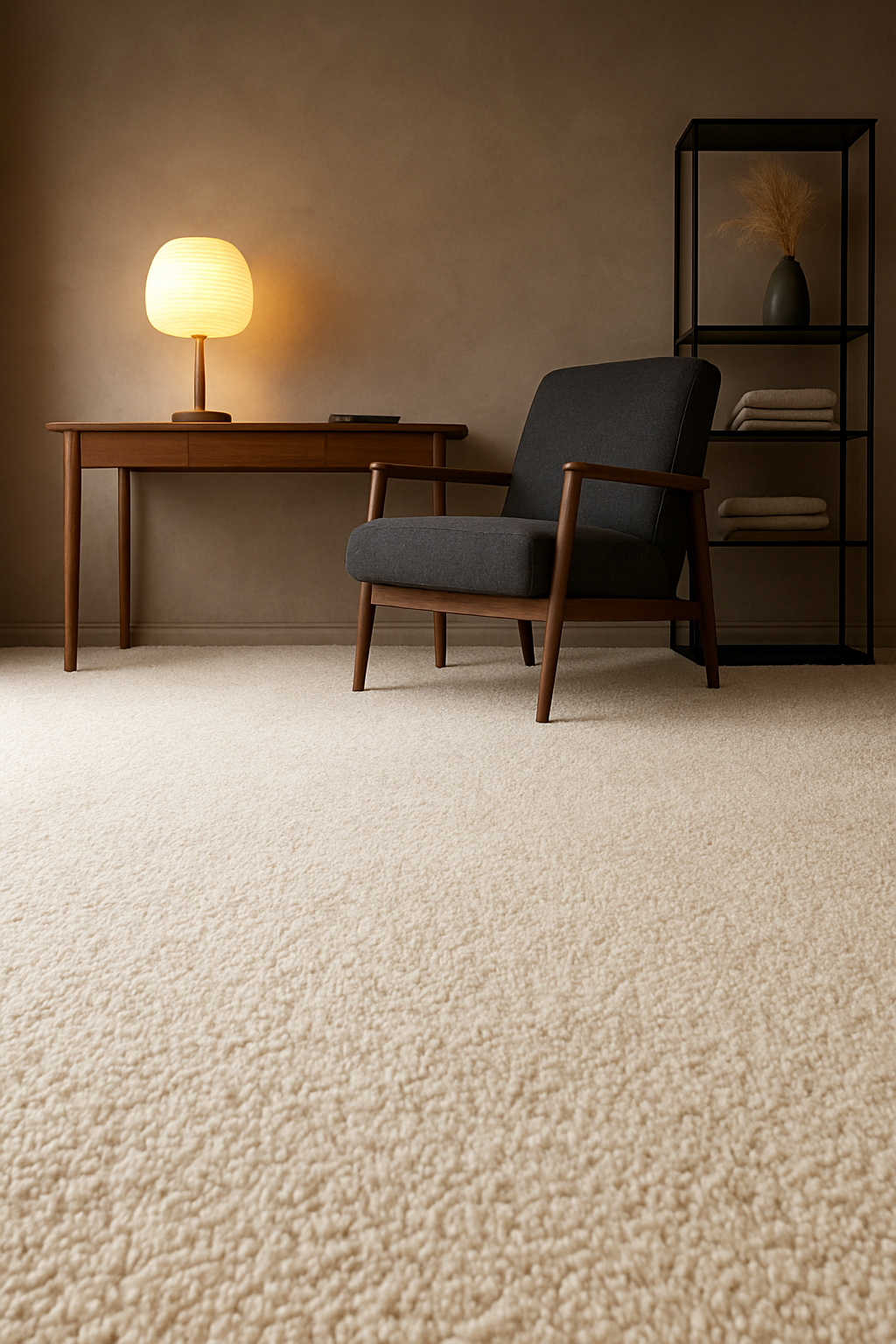 Cream carpet in a lamplit Japandi home office, walnut desk and taupe walls
