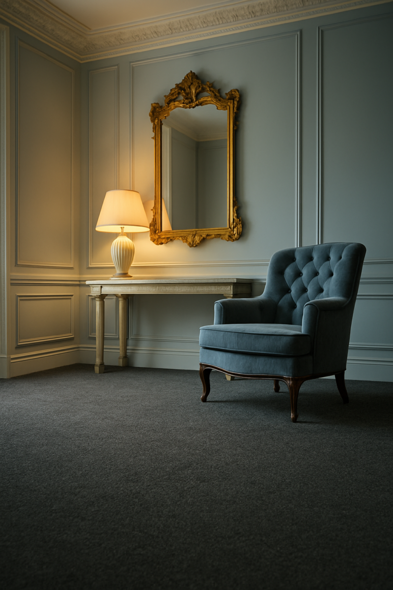 Dark gray carpet fills foreground of lamplit Parisian family room with dove-blue walls and moulding