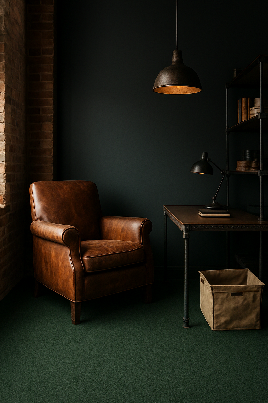 Hunter green carpet meets deep charcoal walls in an industrial loft office corner with a leather chair