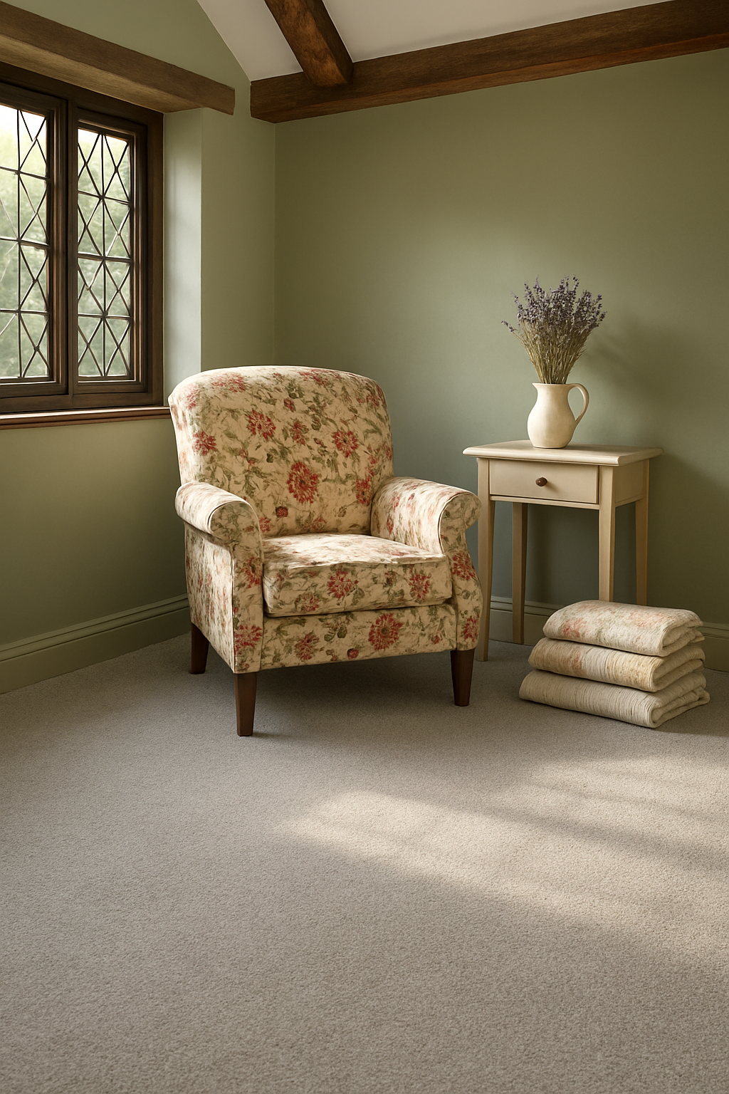 Light gray carpet in a sage-green English cottage reading nook, morning sun