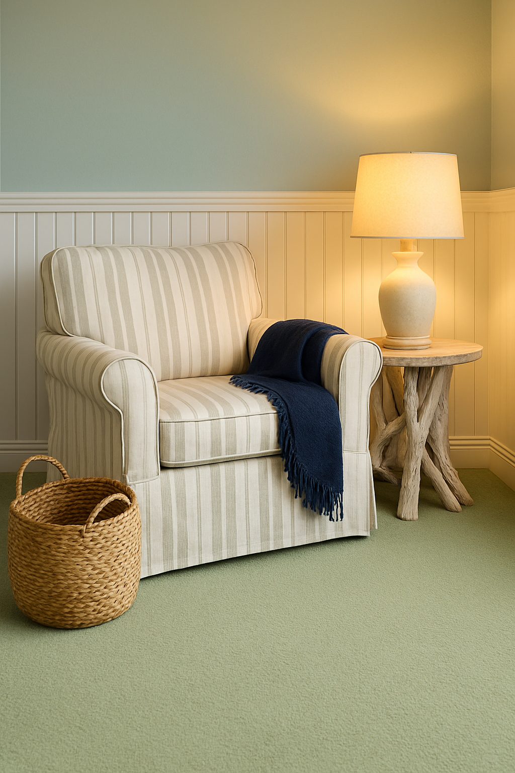 Light green carpet under a coastal family room armchair, lit by warm lamplight