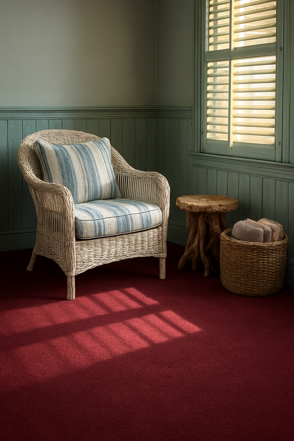 Coastal reading nook with maroon wall-to-wall carpet and seafoam-blue woodwork