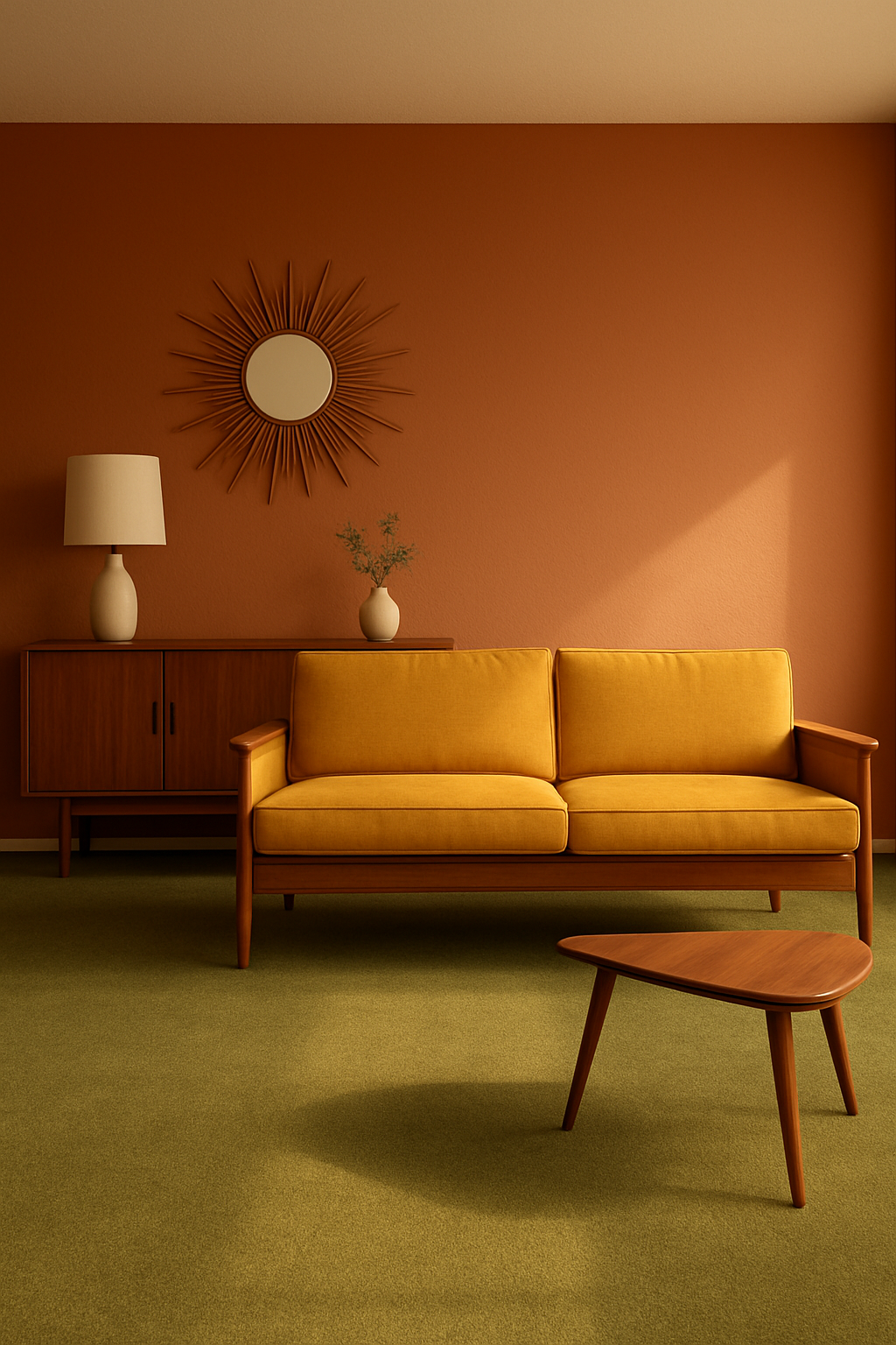 Olive green carpet in a terracotta-walled mid-century modern living room at sunrise
