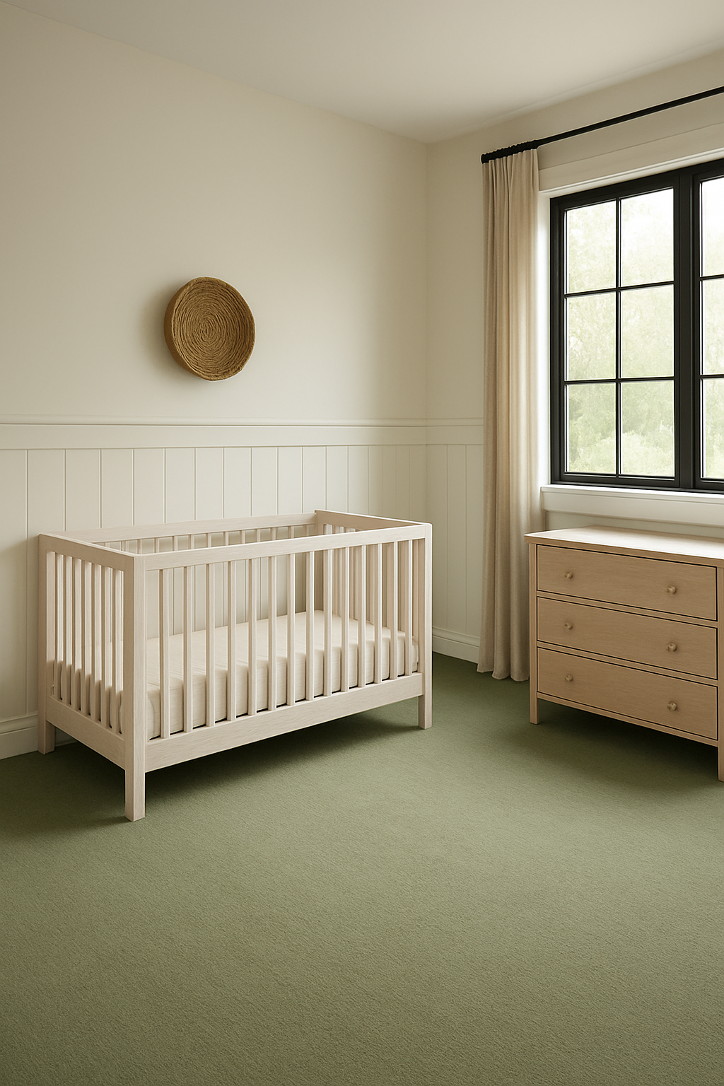 Sage green carpet fills a modern farmhouse nursery with warm white shiplap walls
