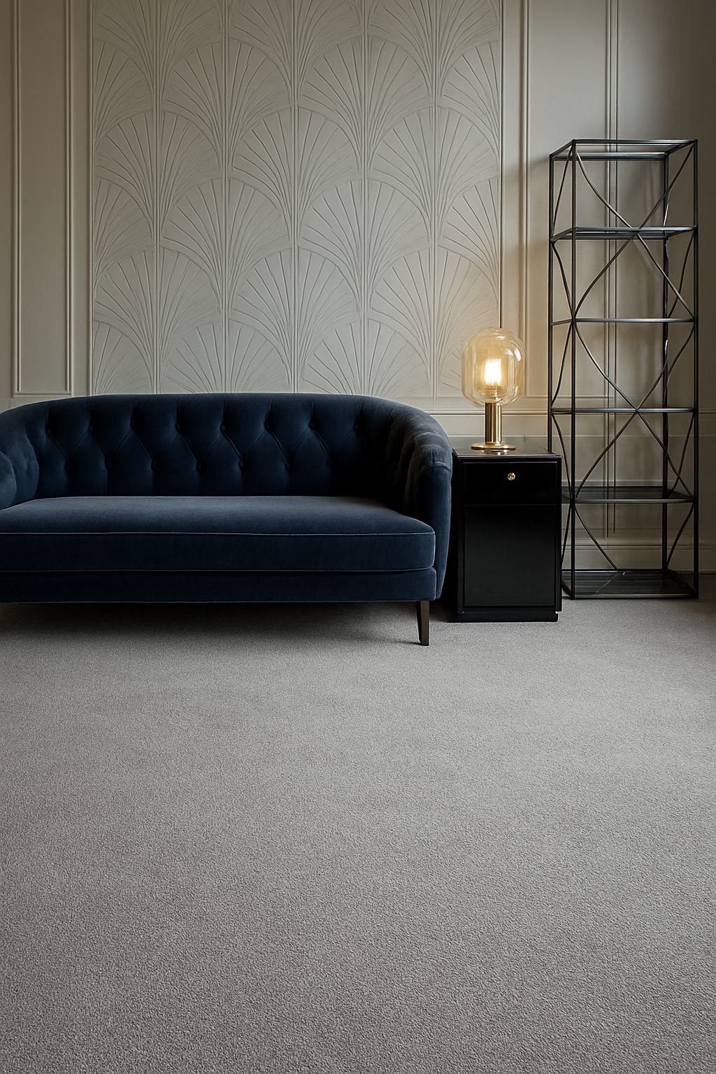 Art deco home office with a navy velvet sofa on a gray carpet