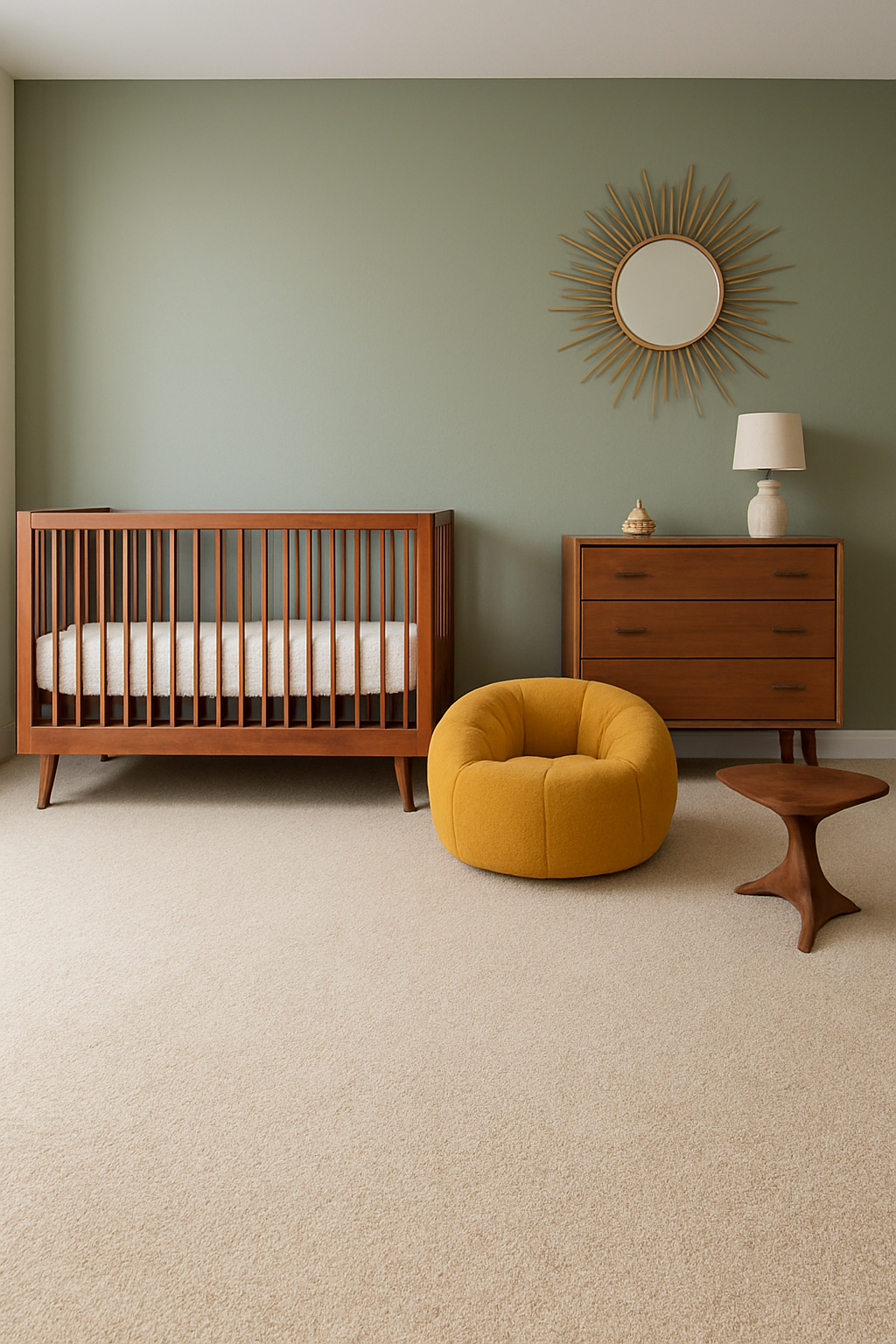 Beige wall-to-wall carpet in a mid-century modern nursery with walnut crib