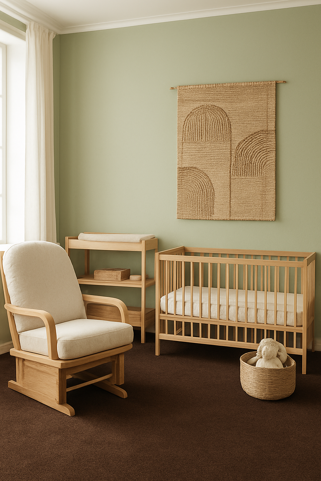 Japandi nursery with dark brown wall-to-wall carpet and low oak furniture