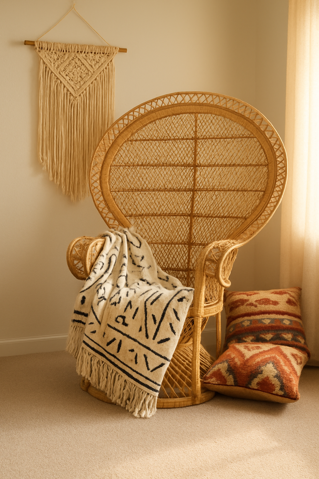 Greige wall-to-wall carpet in boho bedroom corner with rattan peacock chair, golden hour