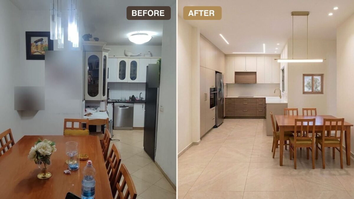 Before and after: a dining room and kitchen opened into one room (the after is an AI picture of the plan)
