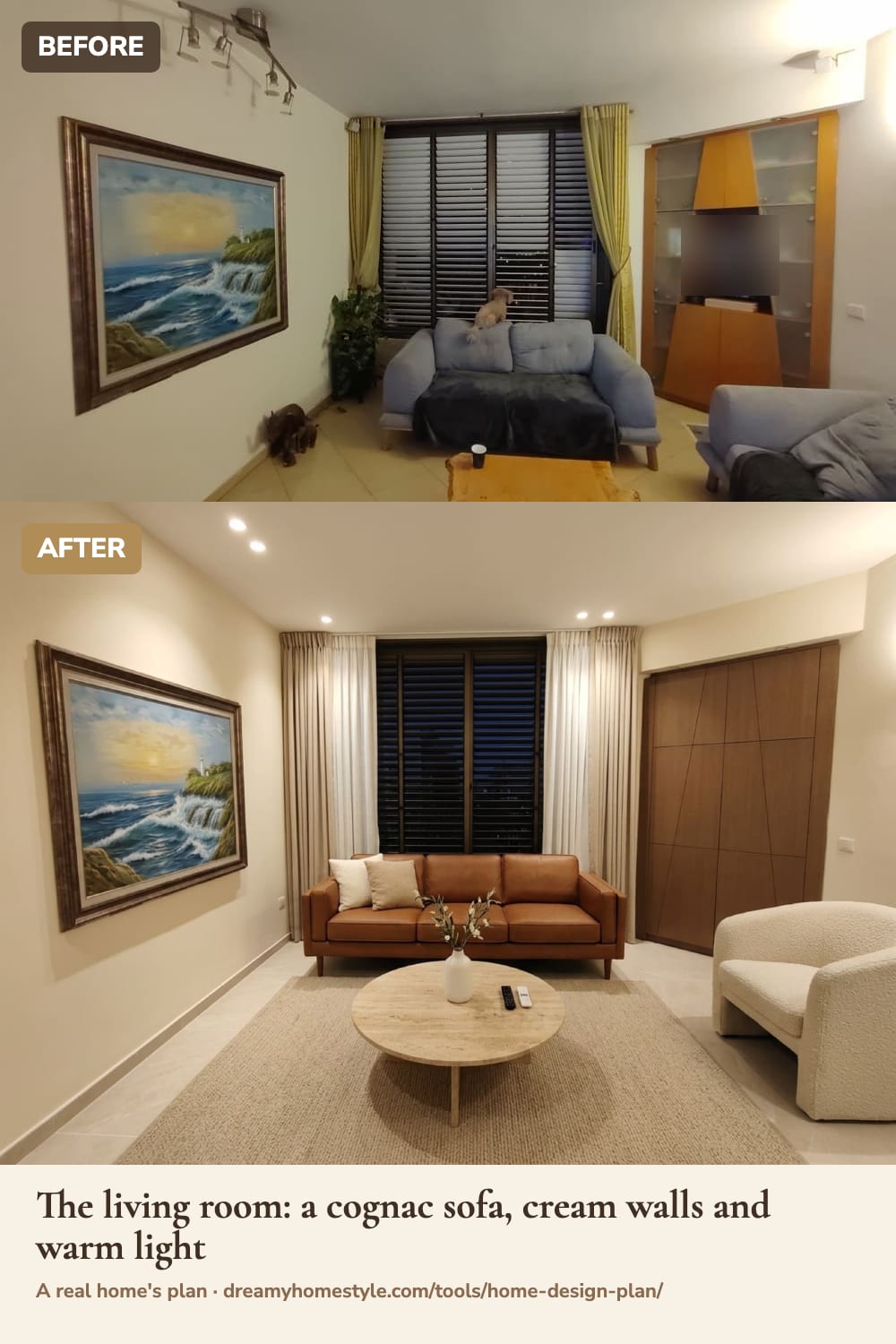 Before and after: a living room with a cognac sofa, cream walls and warm light (AI picture of the plan)