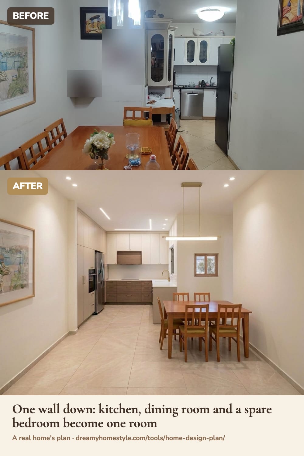 Before and after: a dining room, kitchen and spare bedroom opened into one room (the after is an AI picture of the plan)