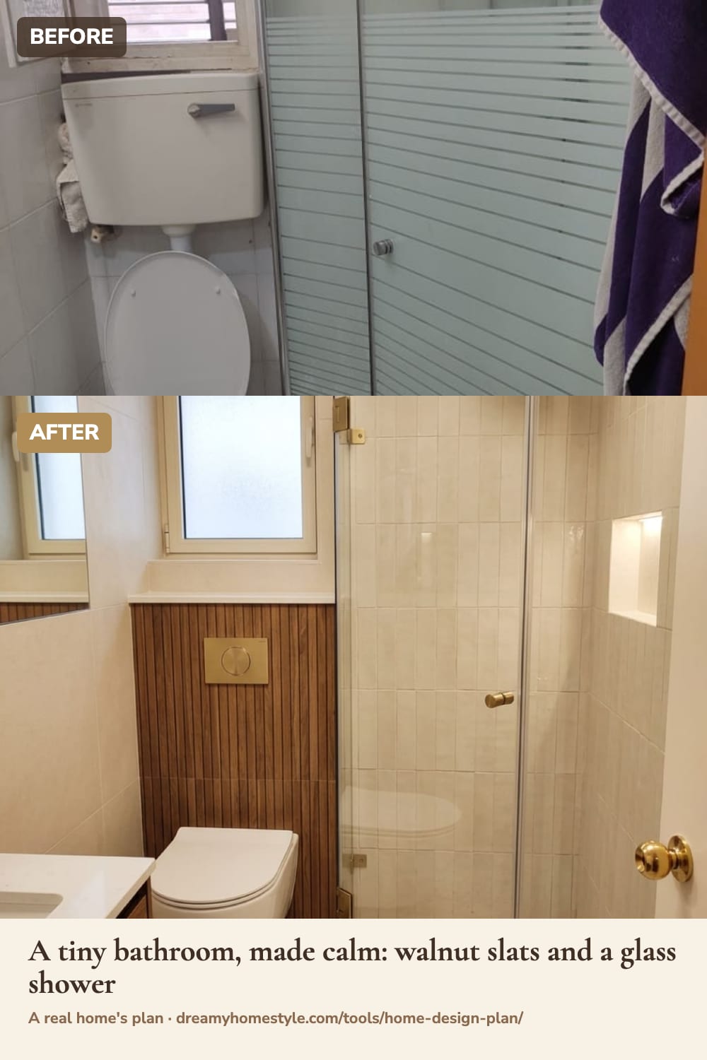 Before and after: a tiny bathroom with walnut slats and a glass shower (AI picture of the plan)