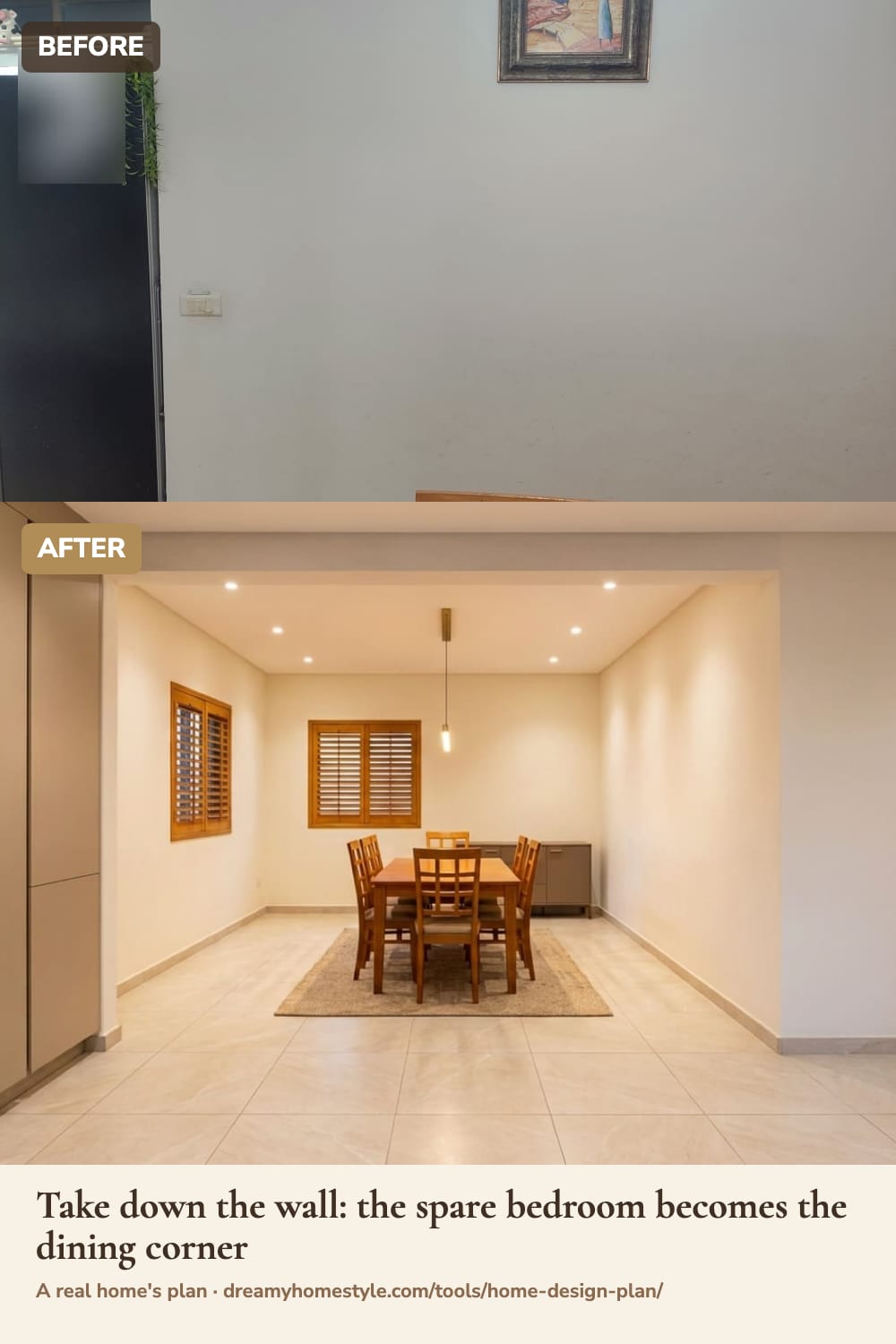 Before and after: the wall between the dining room and the spare bedroom taken down (AI picture of the plan)